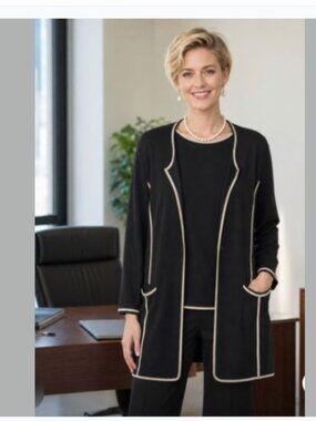 Jones New York 3X Black Cardigan Top Set Plus Size Knit Contrast Trim 2Pc Office